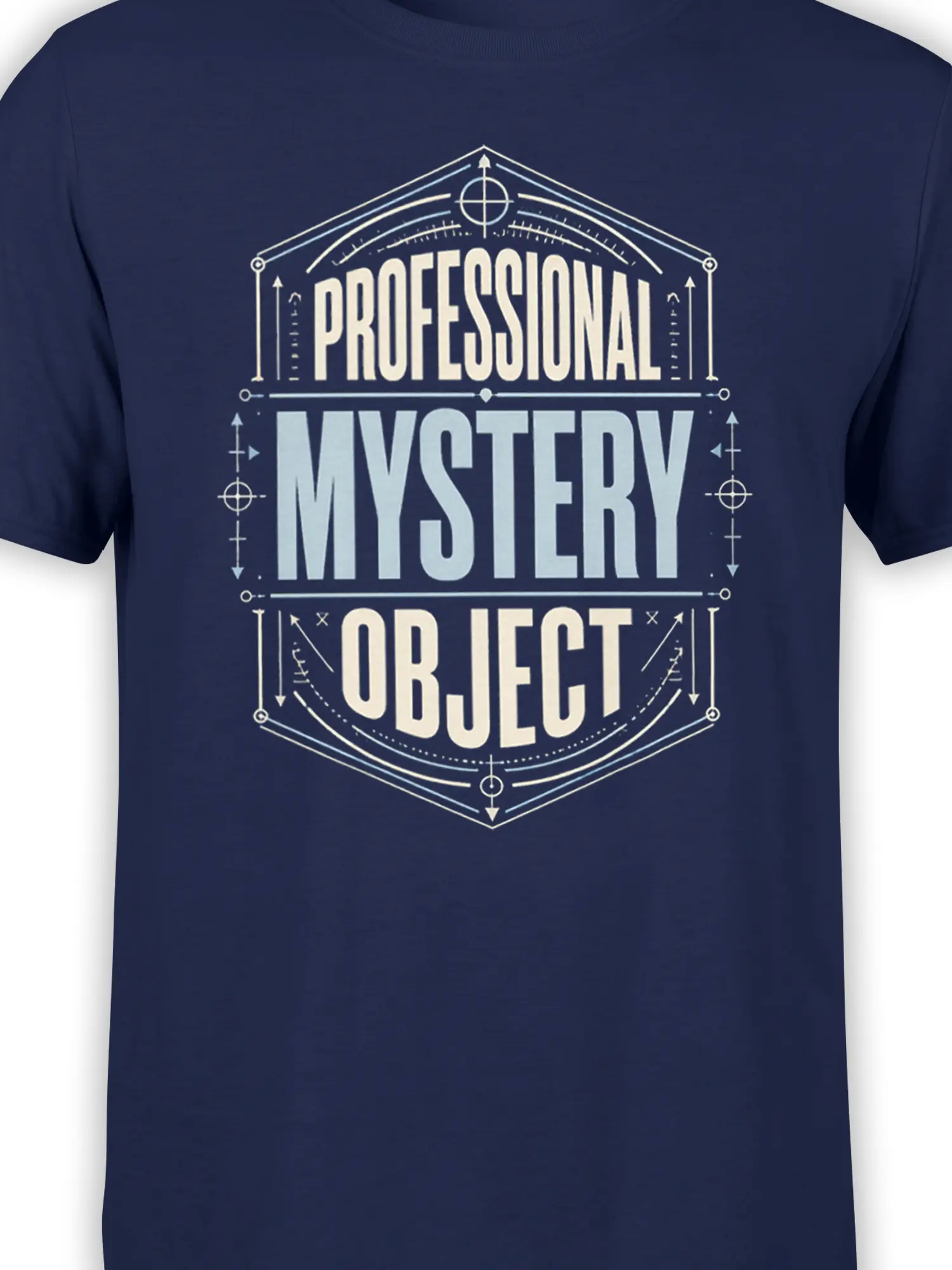 Close-up of Professional Mystery Object lettering and geometric technical symbols on a navy graphic tee