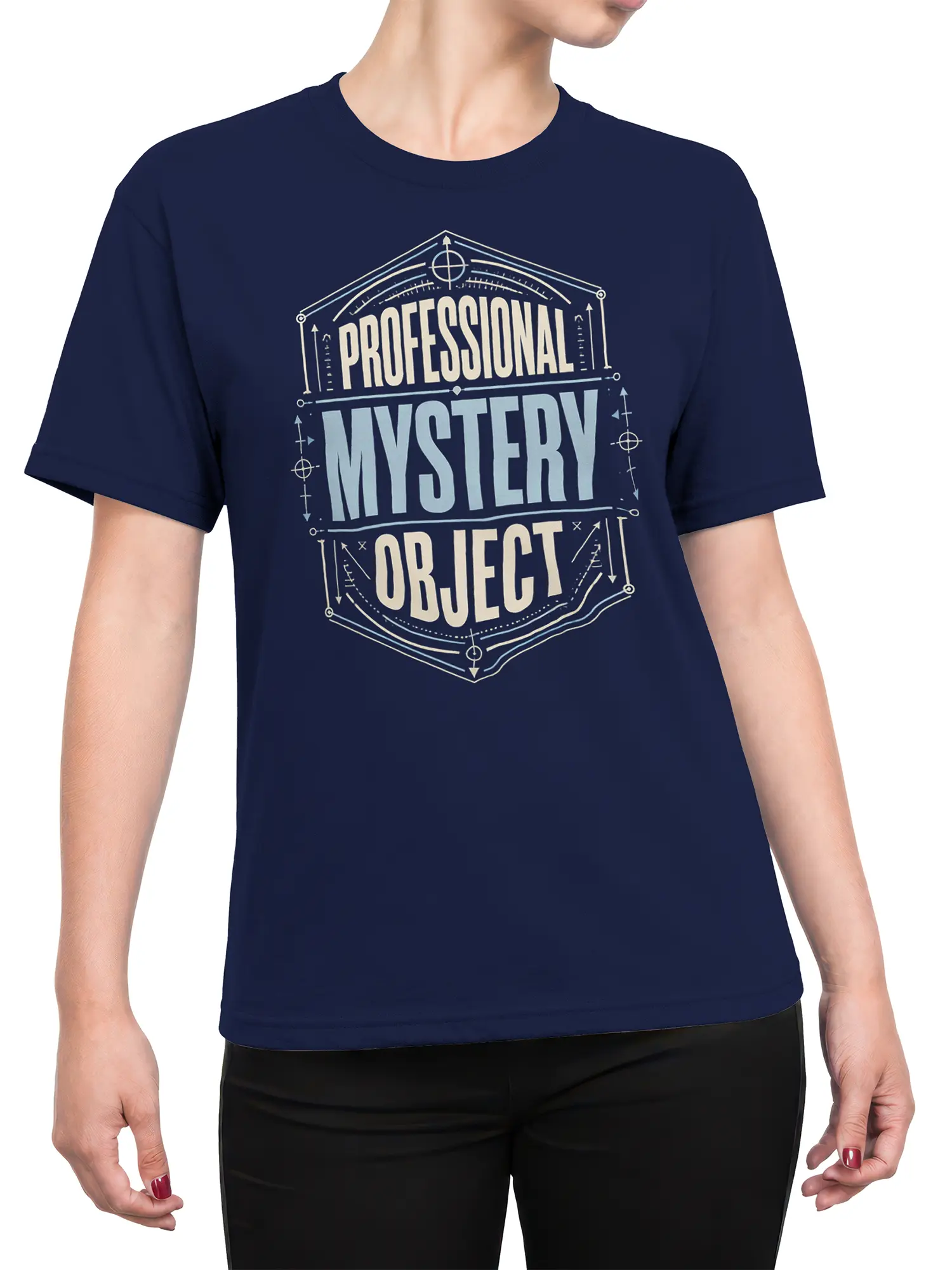 Female torso wearing a navy Professional Mystery Object T-shirt with a bold technical graphic design
