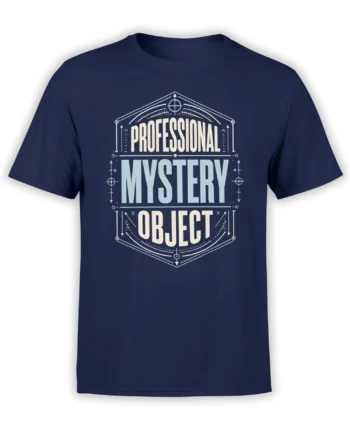 Professional Mystery Object graphic T-shirt in navy with bold cream and pale blue technical lettering