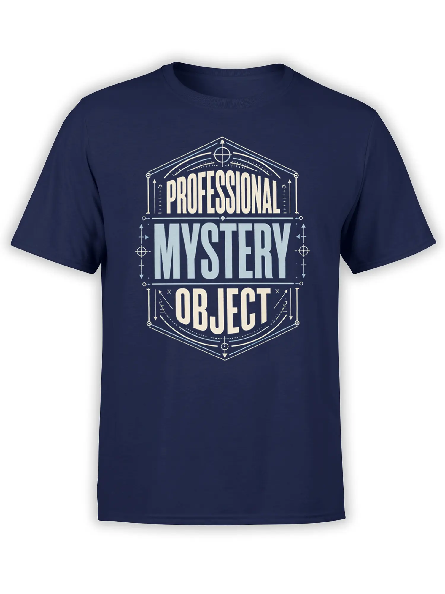 Professional Mystery Object graphic T-shirt in navy with bold cream and pale blue technical lettering