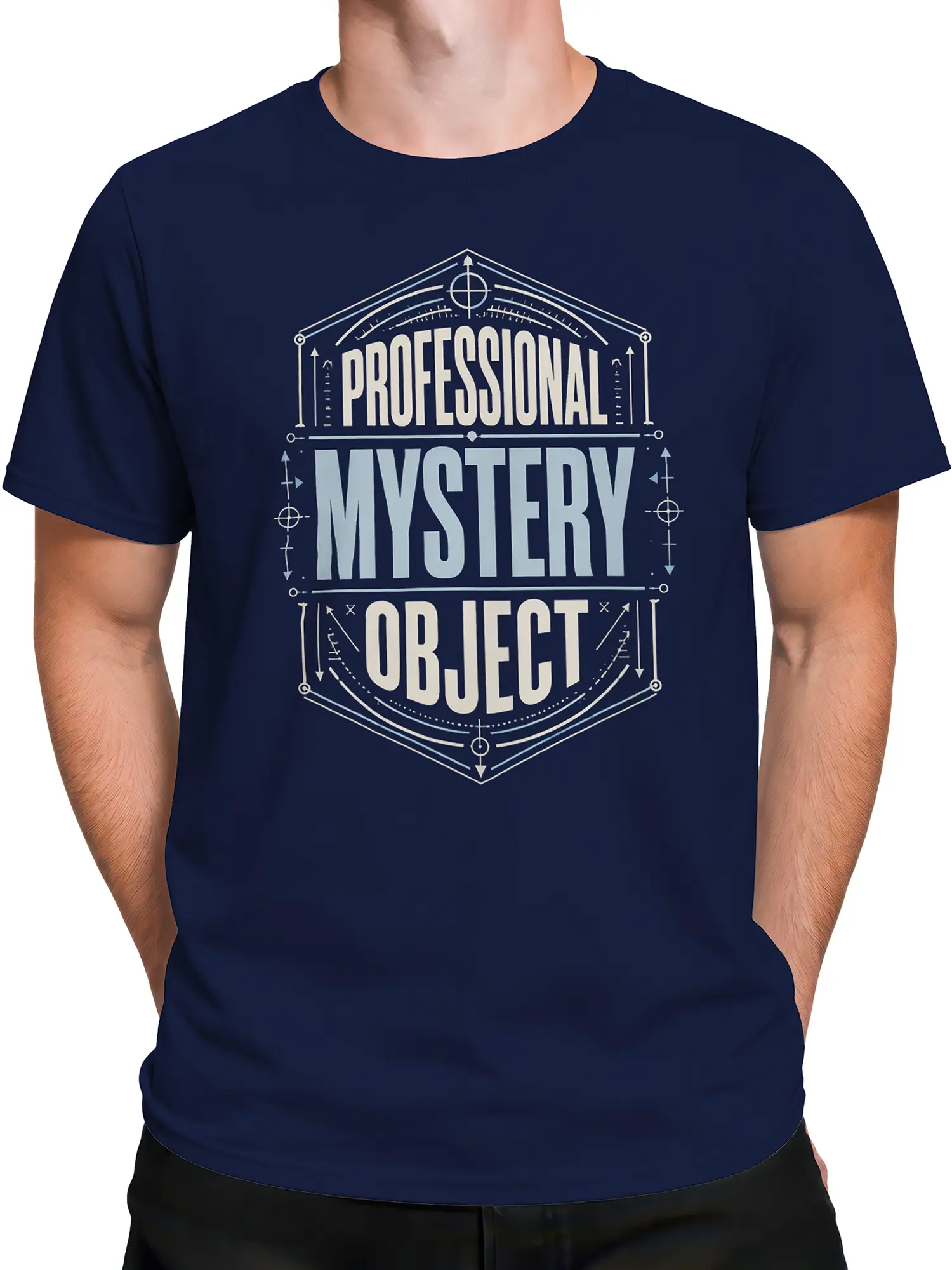 Male torso wearing a navy Professional Mystery Object T-shirt with geometric lettering and symbols