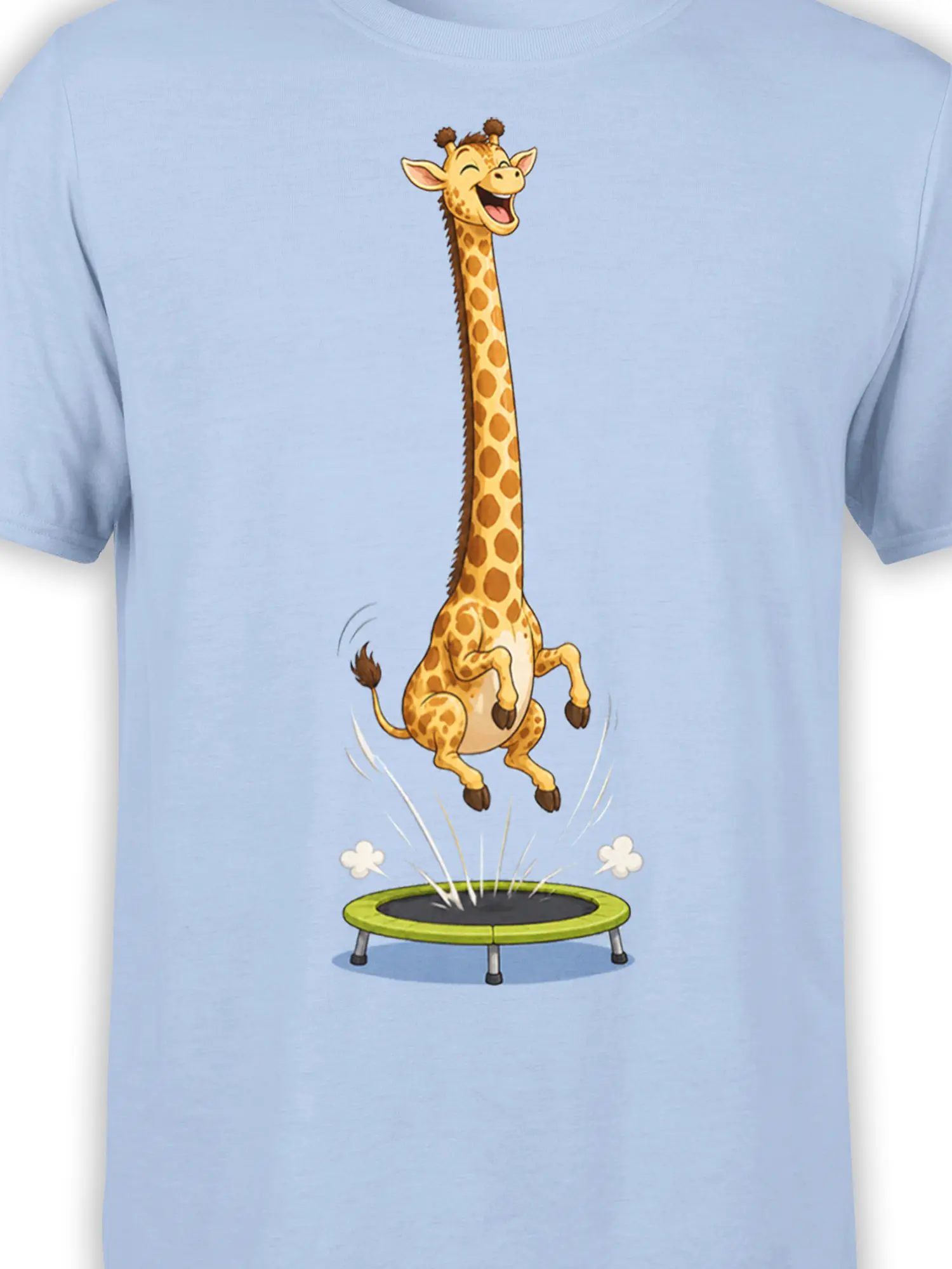 Close-up of a smiling spotted giraffe jumping over a trampoline on a light blue shirt