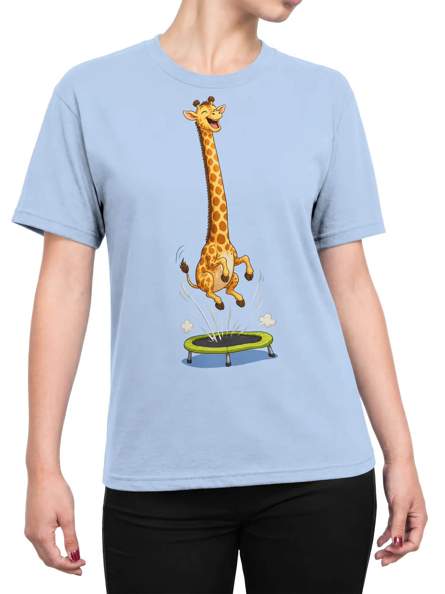 Female torso wearing a light blue T-shirt with a cheerful jumping giraffe graphic