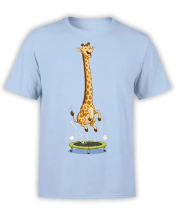 Cheerful spotted giraffe bouncing above a trampoline on a light blue T-shirt