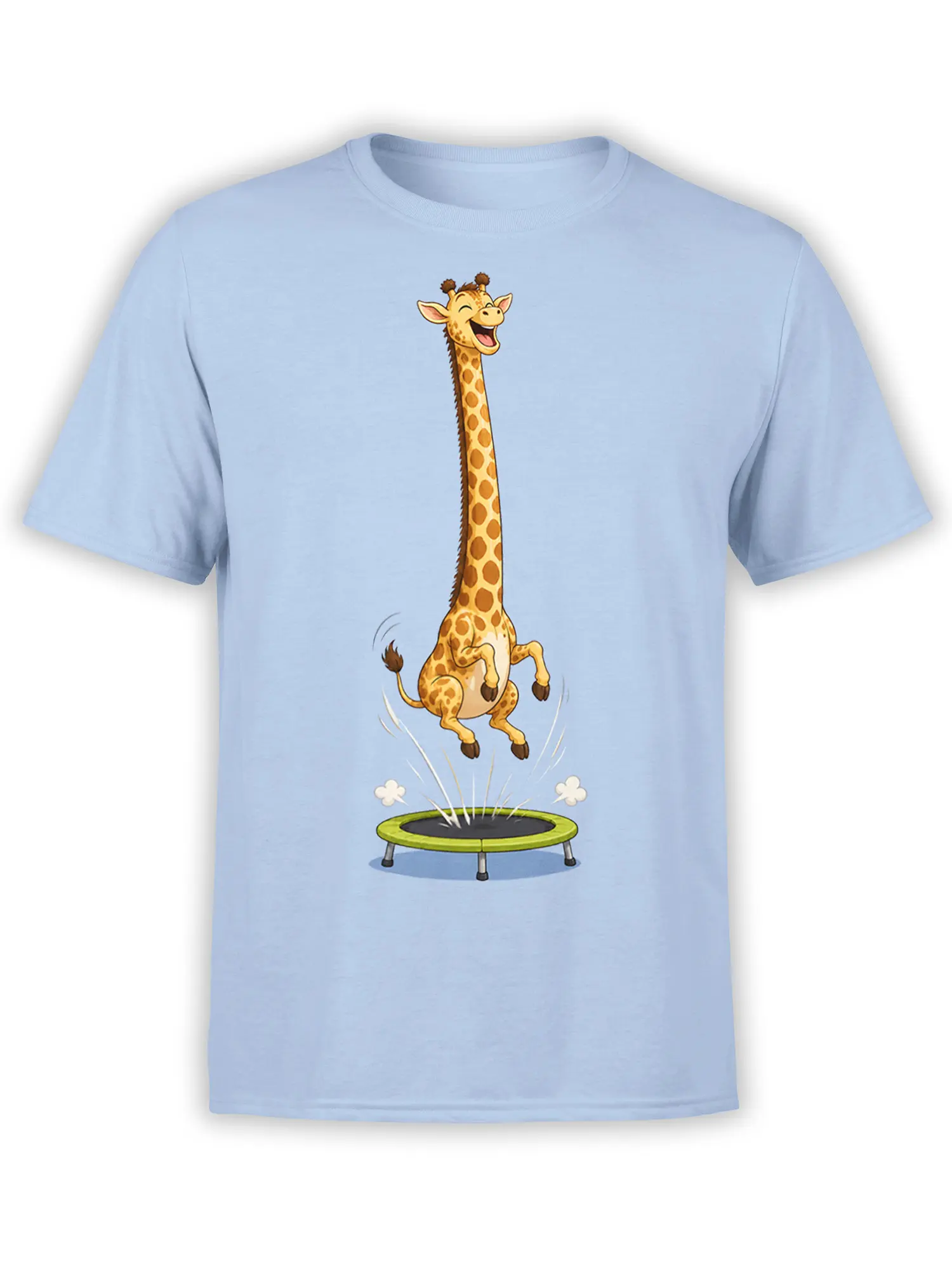 Cheerful spotted giraffe bouncing above a trampoline on a light blue T-shirt