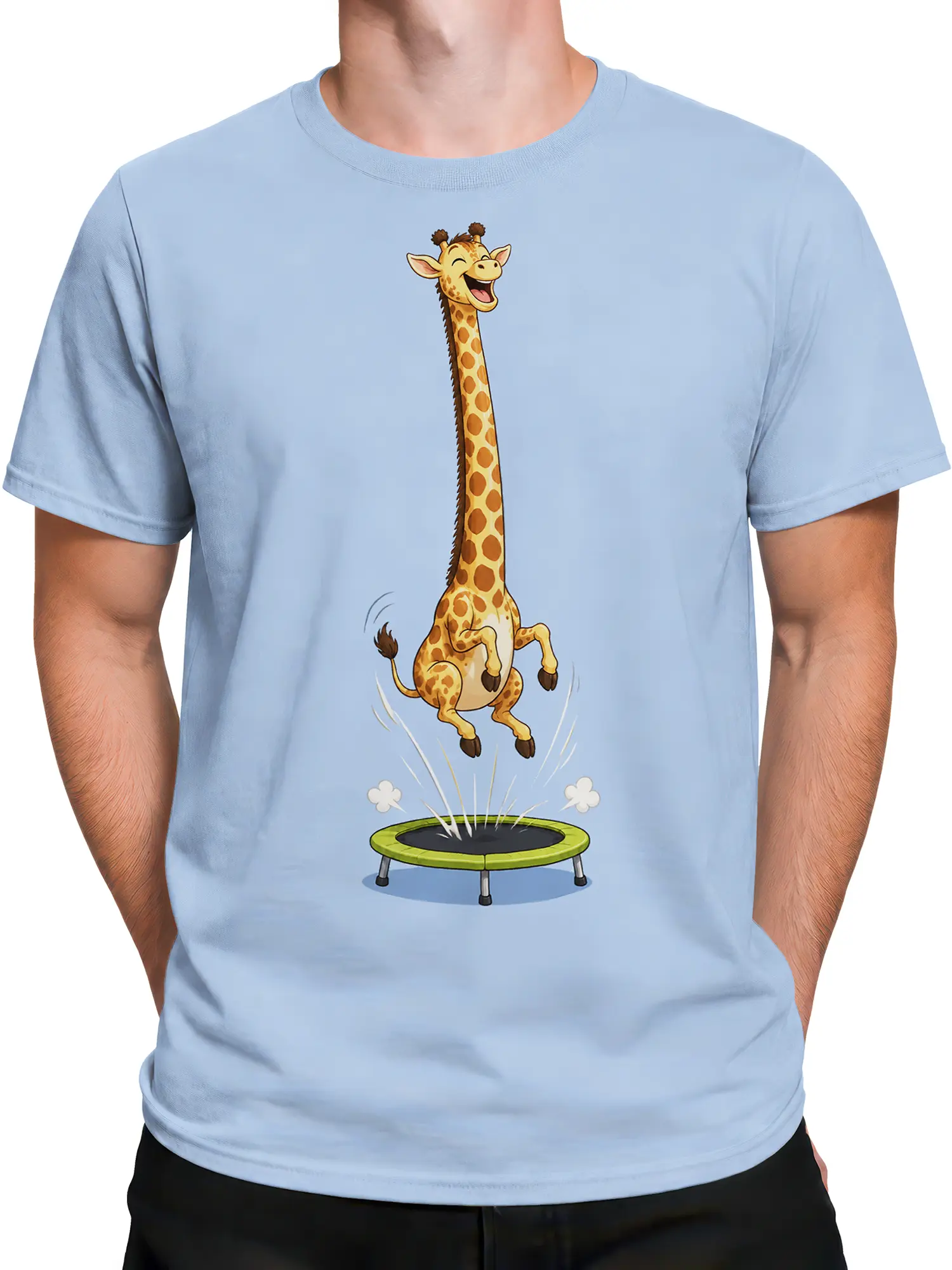 Male torso wearing a light blue T-shirt with a spotted giraffe trampoline design