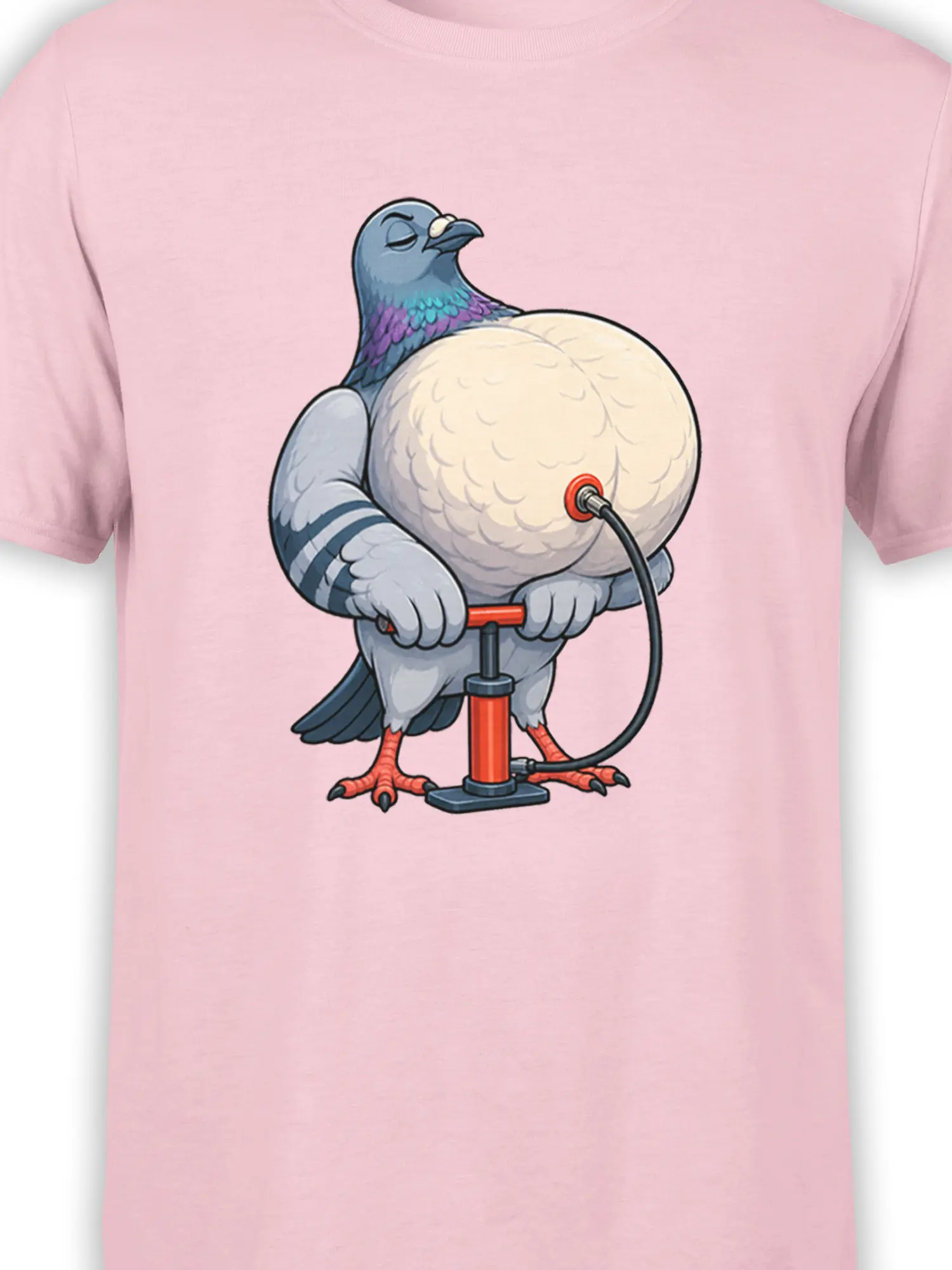 Close-up of a blue-gray pigeon and bicycle pump graphic on a pink T-shirt