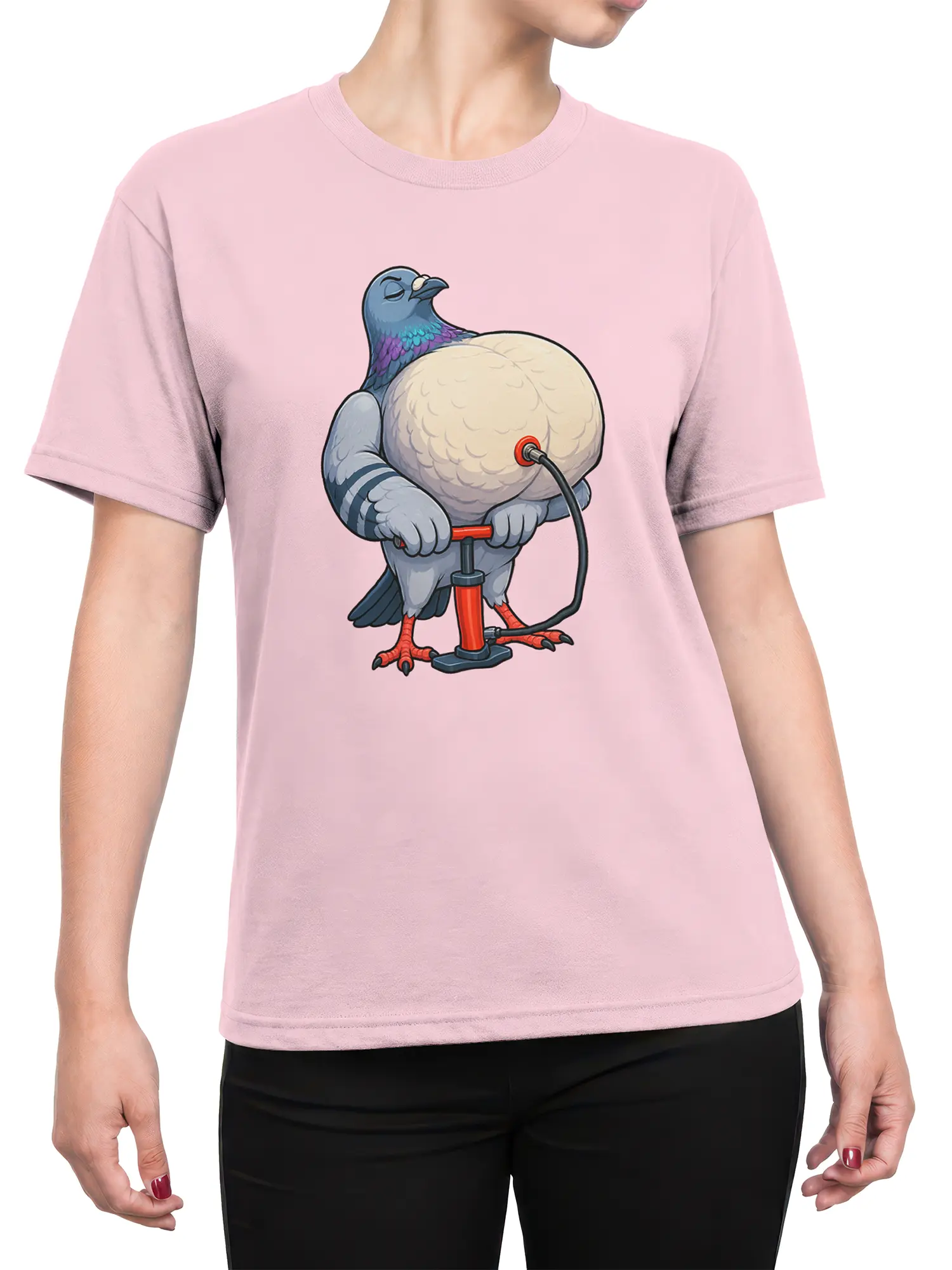 Female torso wearing a pink T-shirt with a funny pigeon and bicycle pump graphic