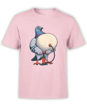 Funny blue-gray pigeon holding a red bicycle pump on a pink T-shirt