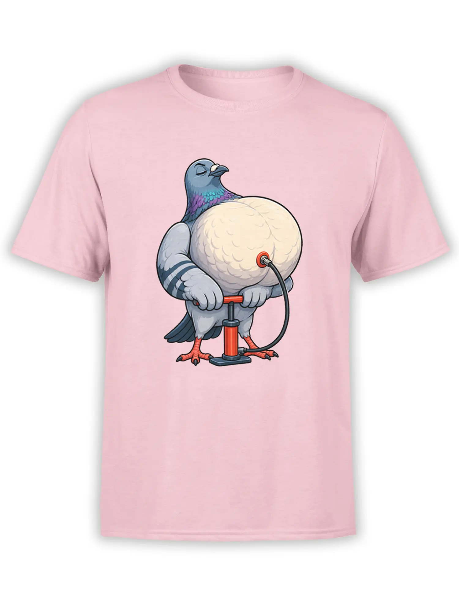 Funny blue-gray pigeon holding a red bicycle pump on a pink T-shirt