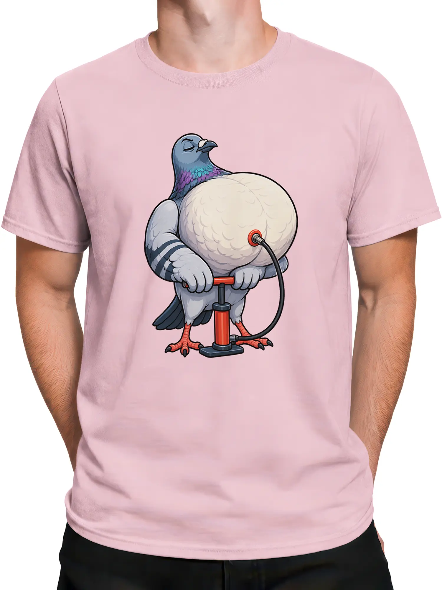 Male torso wearing a pink T-shirt with a pigeon and bicycle pump design