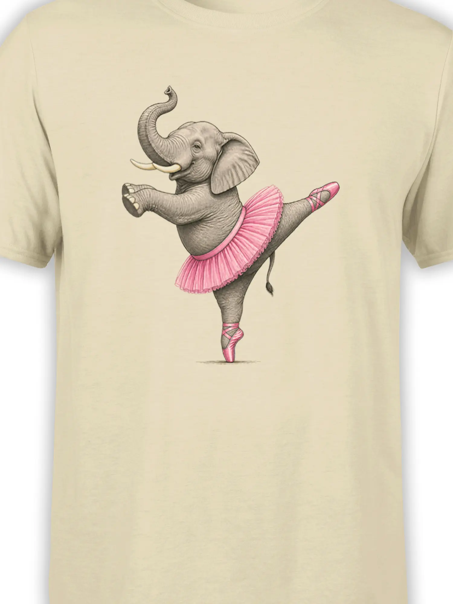 Close-up of the elephant ballerina artwork with pink tutu and ballet shoes on a beige T-shirt