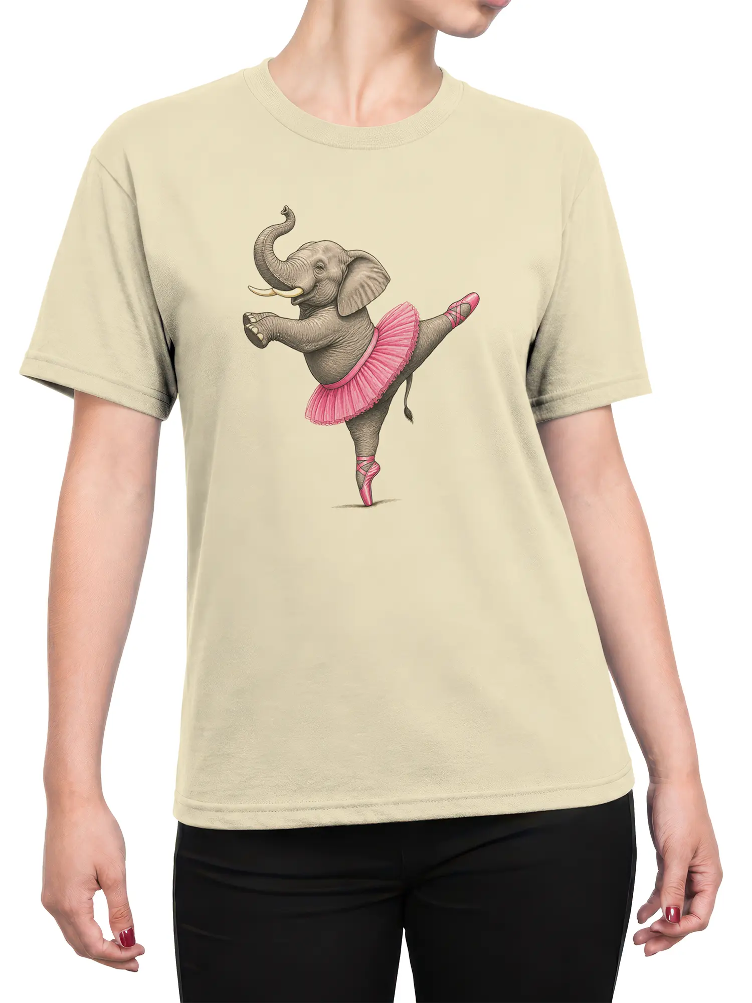 Female torso wearing a beige T-shirt with a gray elephant ballerina and pink tutu design