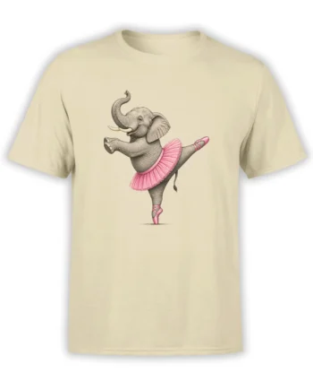 Gray elephant ballerina in a pink tutu and ballet shoes on a beige T-shirt