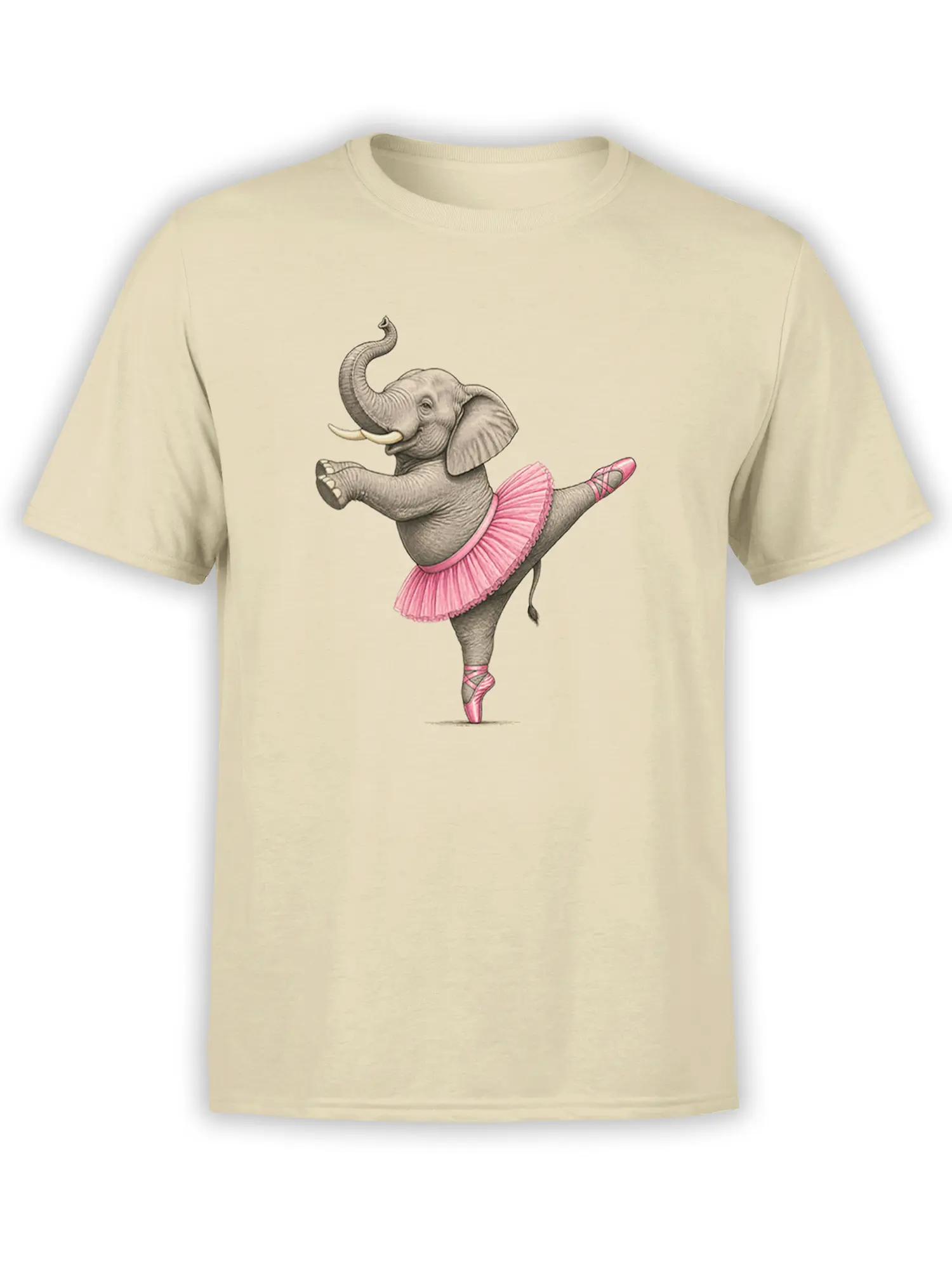 Gray elephant ballerina in a pink tutu and ballet shoes on a beige T-shirt