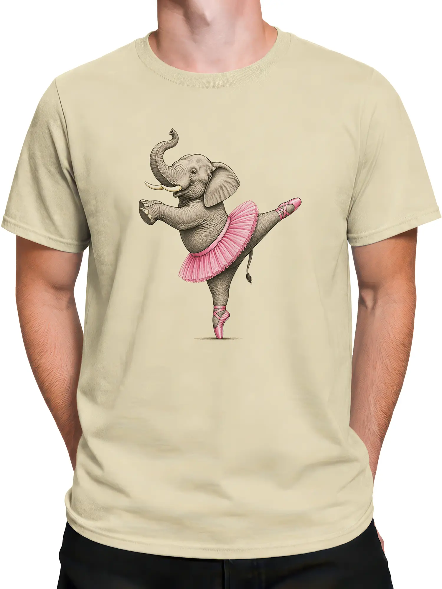 Male torso wearing a beige T-shirt with a pink tutu elephant ballerina design