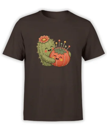 Smiling cactus hugging an orange pumpkin on a dark brown botanical graphic T-shirt