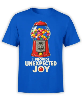 Blue T-shirt with a colorful red gumball machine and “I Provide Unexpected Joy” graphic