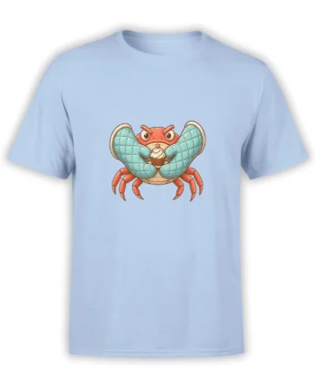 Light blue T-shirt featuring a whimsical red crab holding a frosted cupcake with oversized blue claws