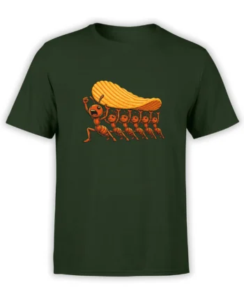 Dark green T-shirt with orange marching ants carrying an oversized golden loaf in a vintage graphic