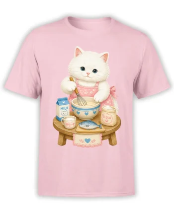 Pink T-shirt with a white kitten in a floral apron whisking beside milk, flour, a bowl, and fish