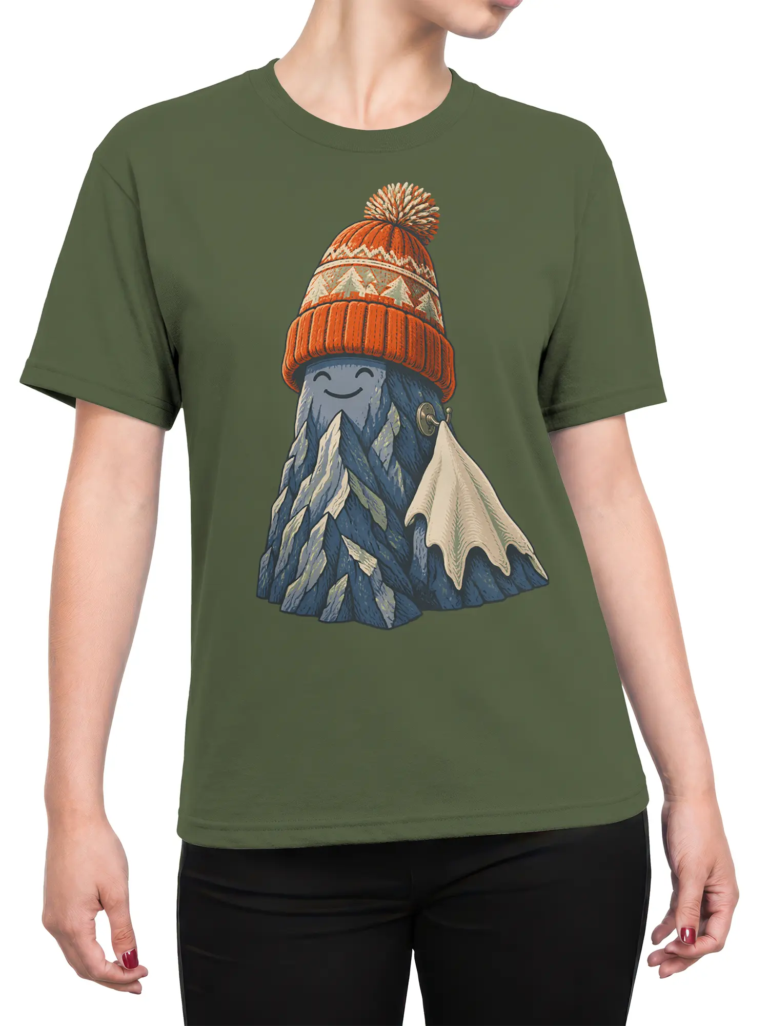 Female torso wearing a green T-shirt with a smiling snowy mountain in an orange pom-pom hat