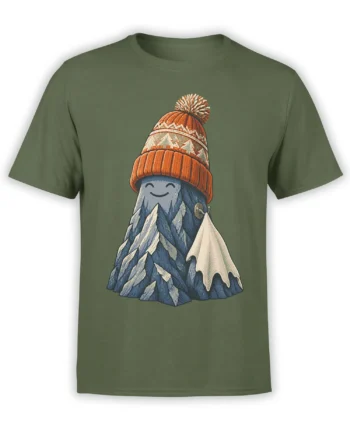 Smiling snowy mountain wearing an orange pom-pom hat on a green graphic T-shirt