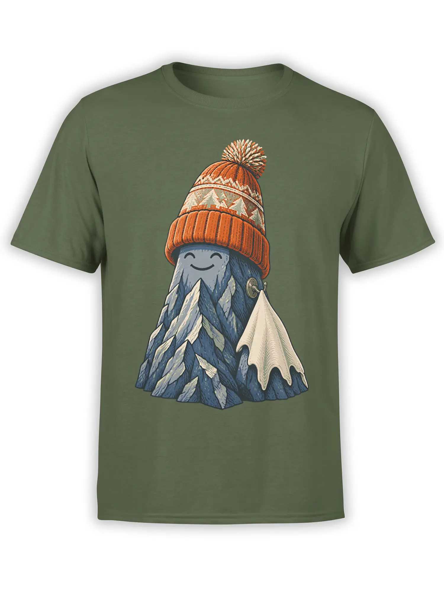 Smiling snowy mountain wearing an orange pom-pom hat on a green graphic T-shirt