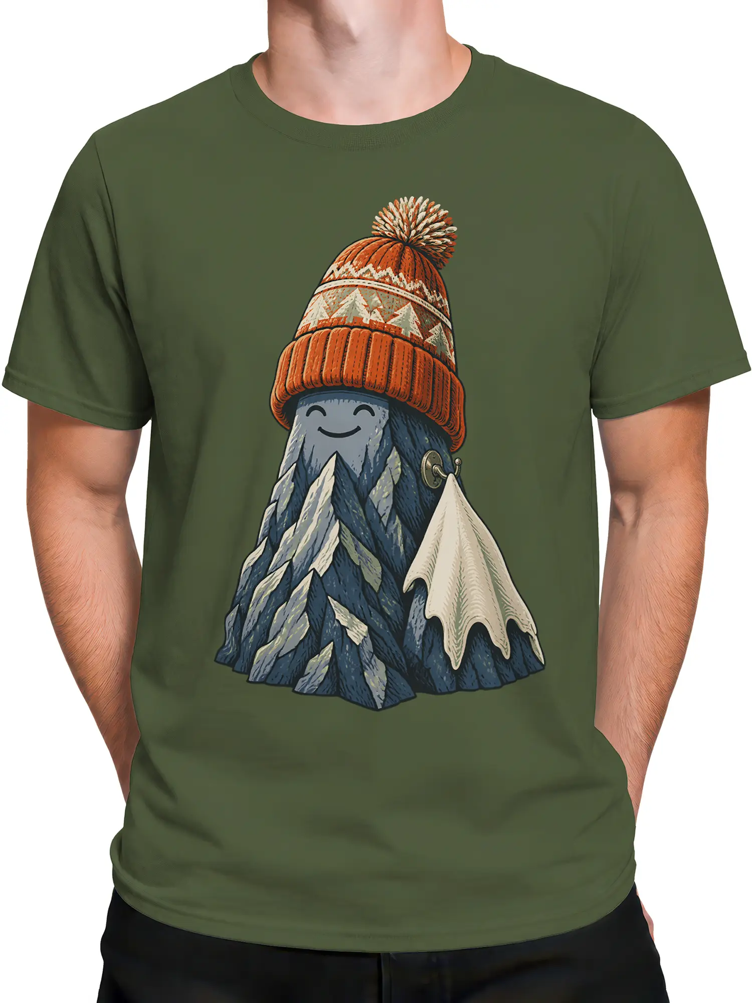 Male torso wearing a green T-shirt with a smiling snowy mountain and orange pom-pom hat