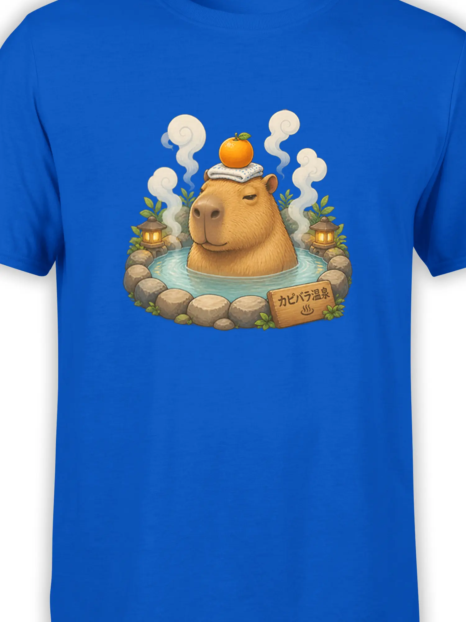 Close-up of the capybara hot spring artwork with steam, towel, orange, lanterns, and stones on blue fabric