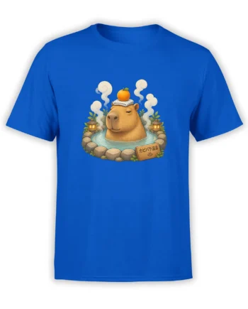 Blue T-shirt with a relaxed capybara soaking in a steaming hot spring beside lanterns and stones