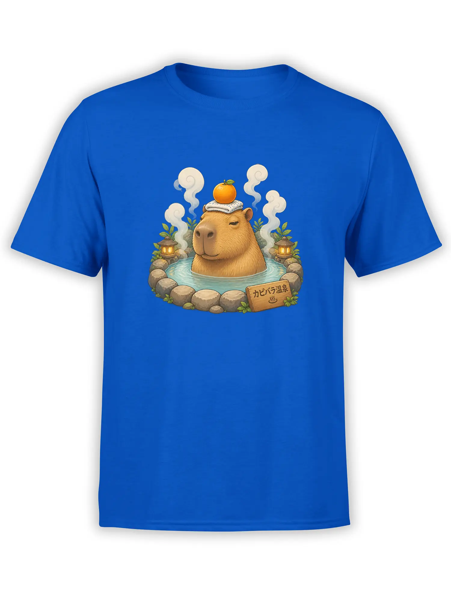 Blue T-shirt with a relaxed capybara soaking in a steaming hot spring beside lanterns and stones