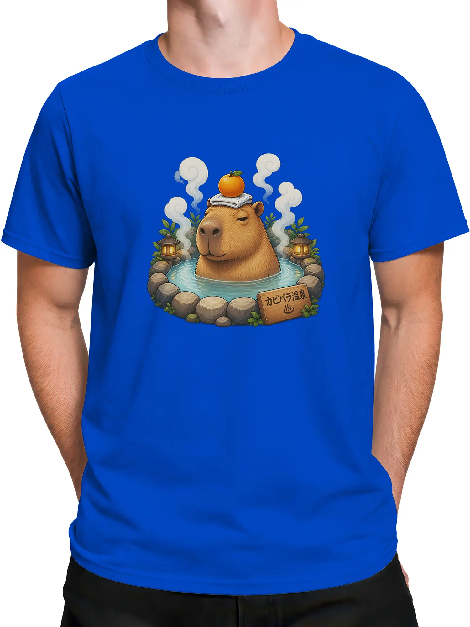 Male torso wearing a blue capybara hot spring T-shirt with Japanese-inspired lantern and spa artwork