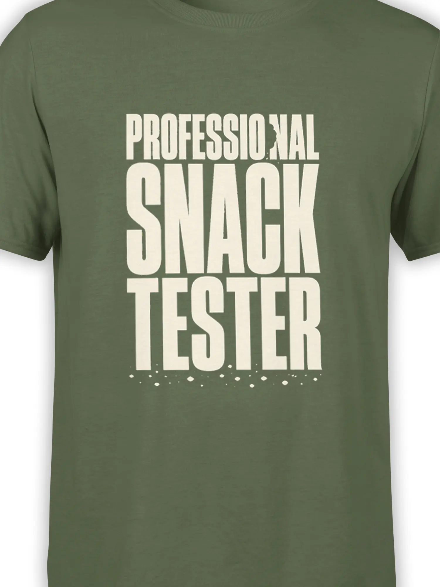Close-up of cream Professional Snack Tester lettering on an olive green food humor T-shirt