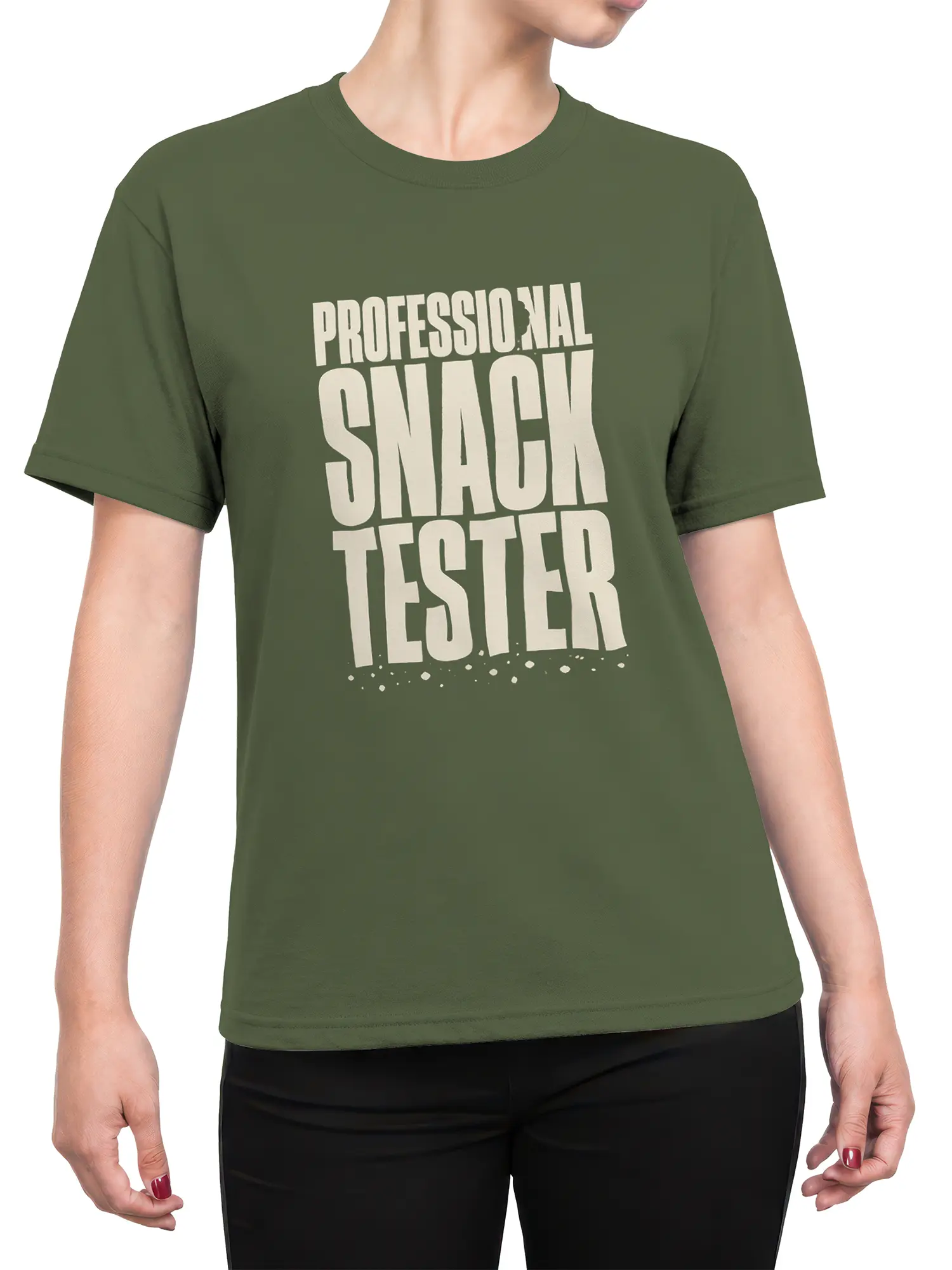 Female torso wearing an olive green Professional Snack Tester graphic T-shirt with cream lettering