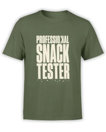 Olive green T-shirt with bold cream Professional Snack Tester lettering and distressed vintage details