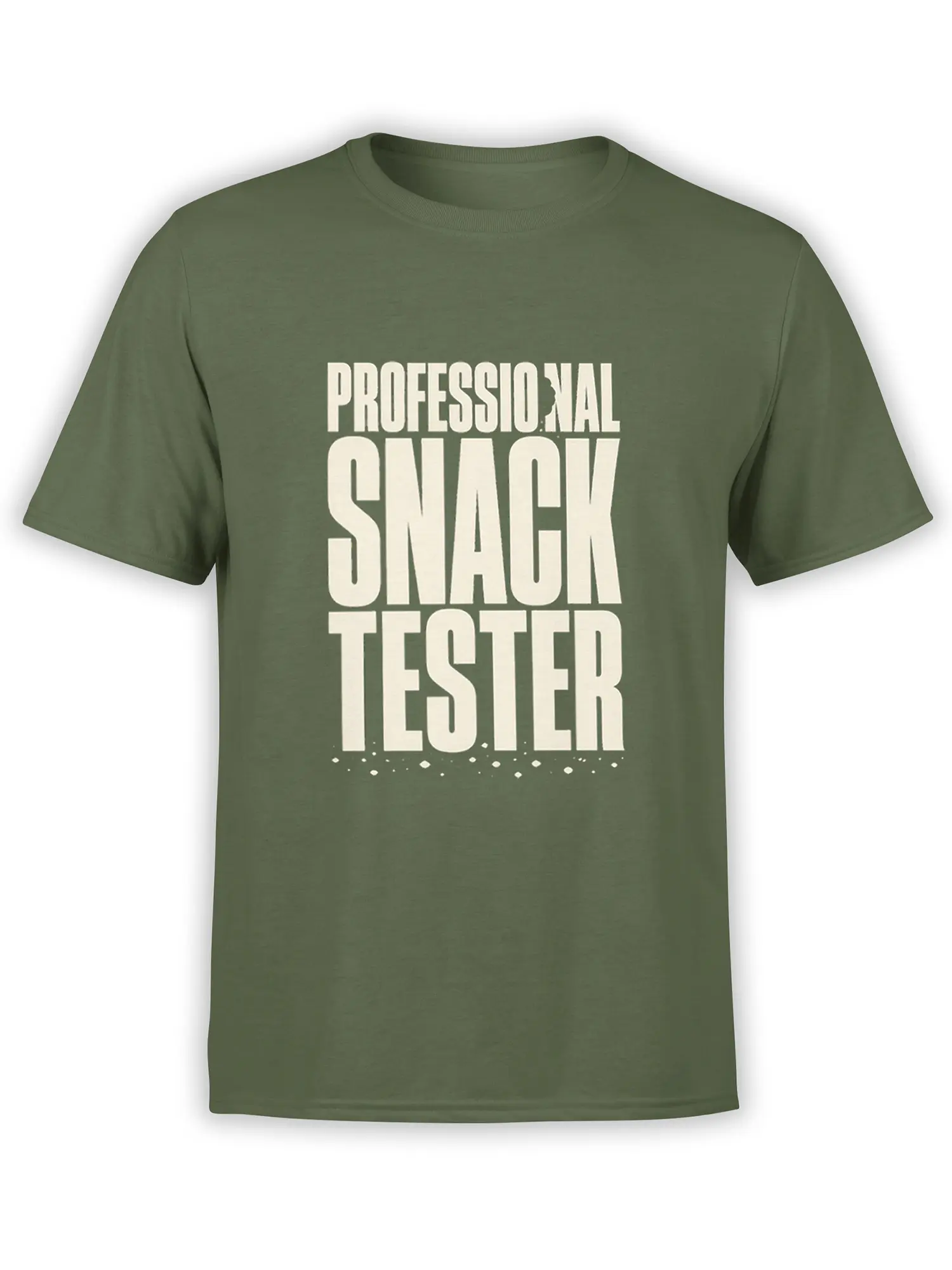 Olive green T-shirt with bold cream Professional Snack Tester lettering and distressed vintage details