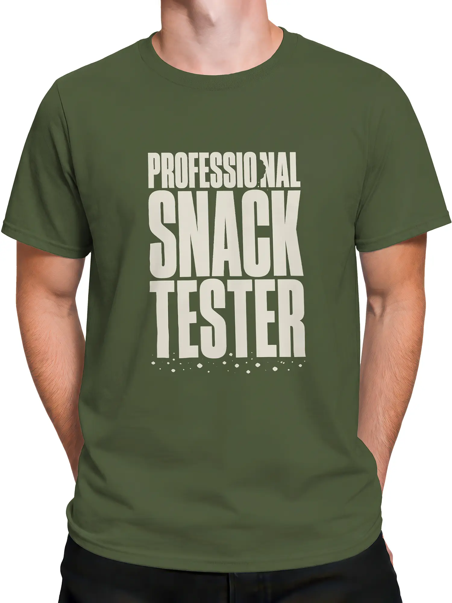 Male torso wearing an olive green Professional Snack Tester food graphic T-shirt