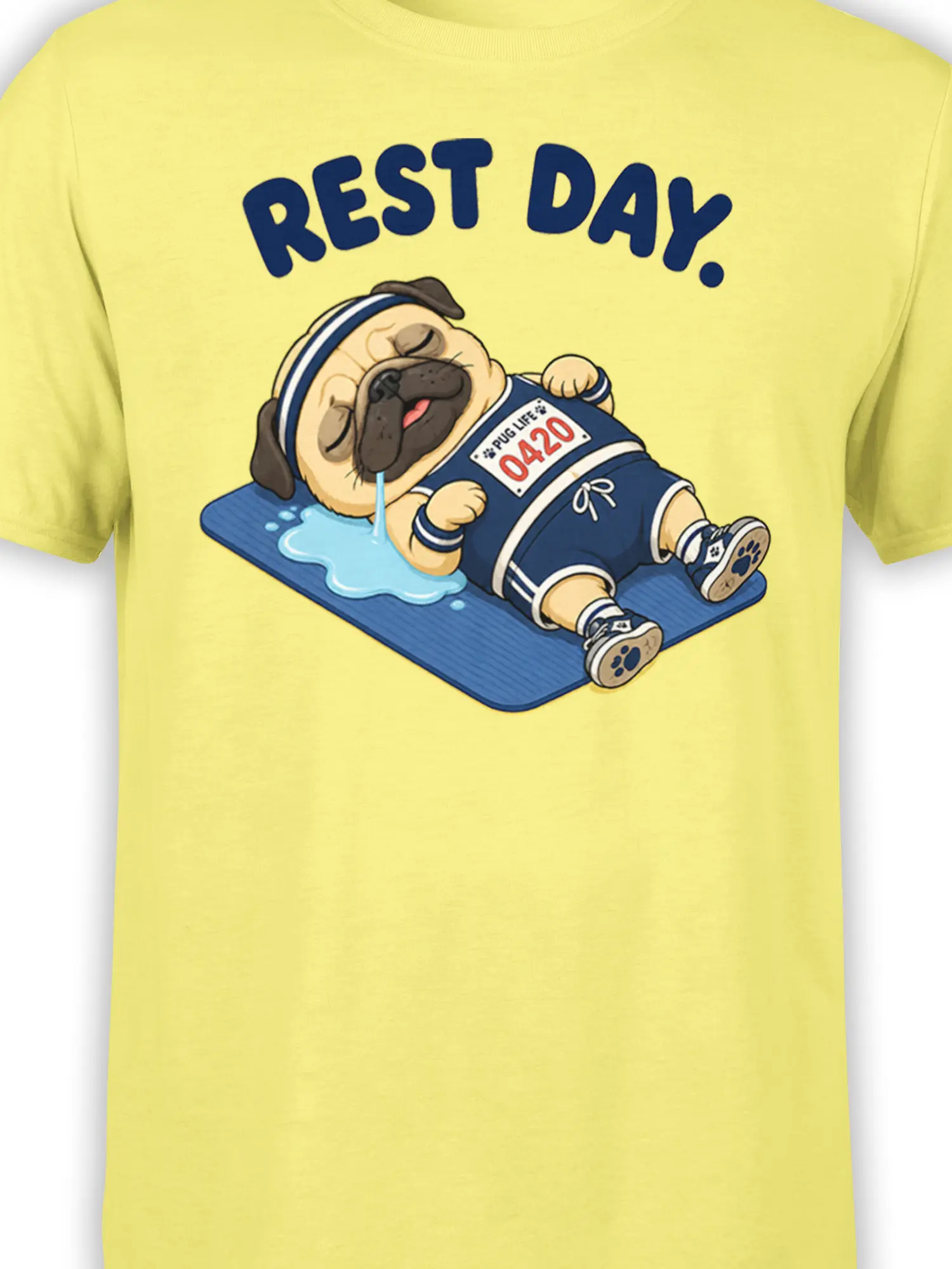 Close-up of sleepy pug dog graphic in athletic clothes with drool, blue mat, and “REST DAY.” text