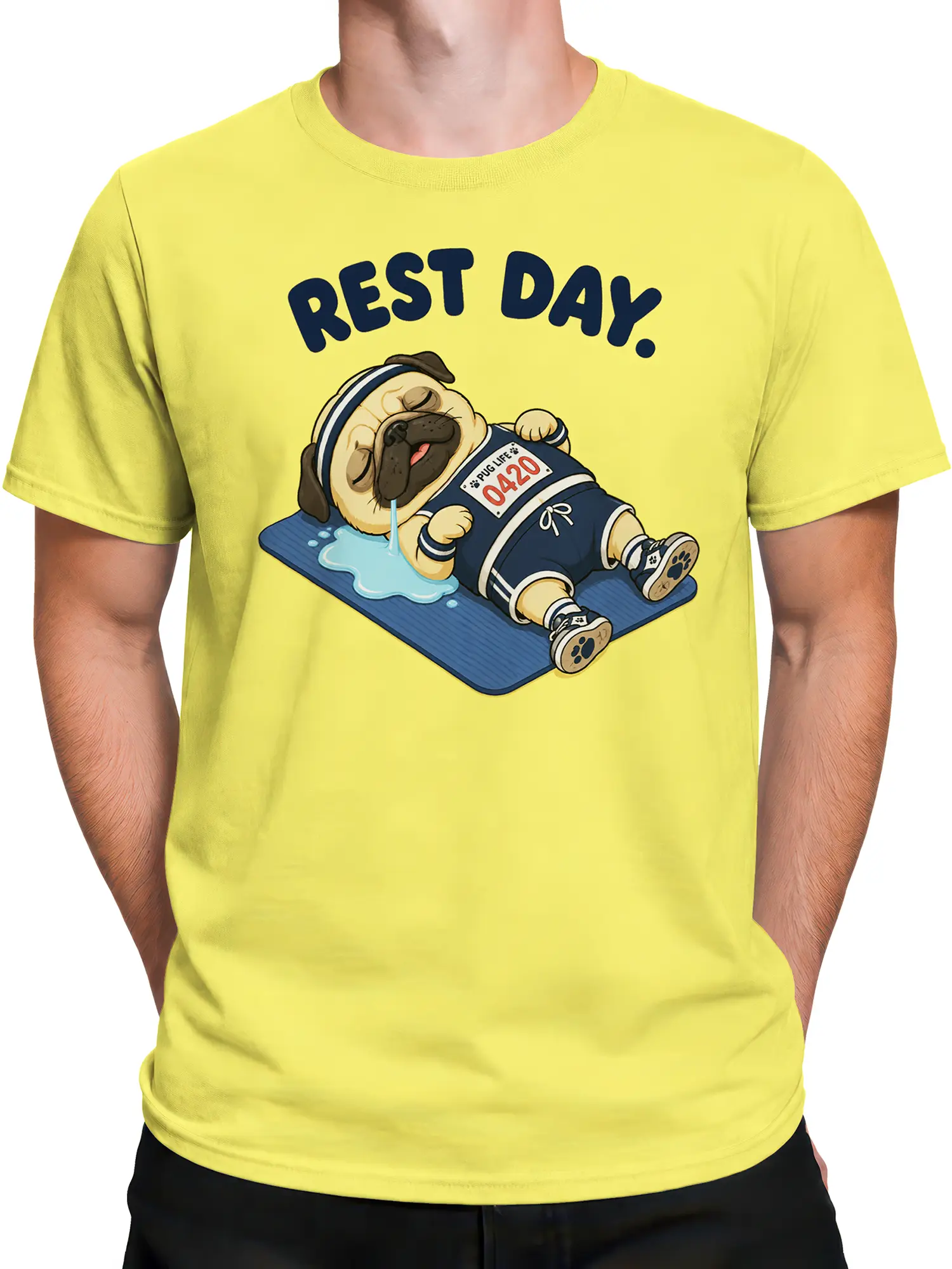 Male torso wearing a yellow dog graphic tee featuring a sleepy athletic pug and bold “REST DAY.” lettering