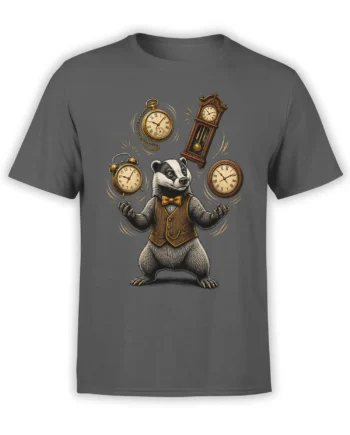Gray T-shirt with a vintage badger in a vest and bow tie surrounded by classic clocks