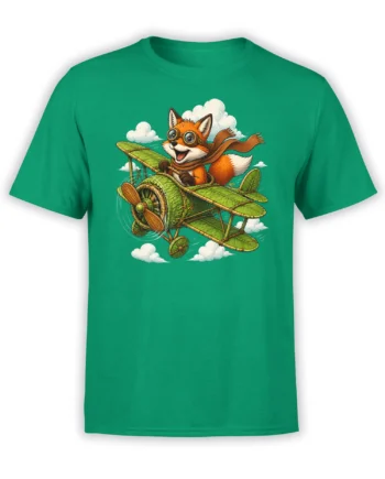 Green T-shirt with an orange fox aviator wearing goggles and flying a leafy biplane through white clouds