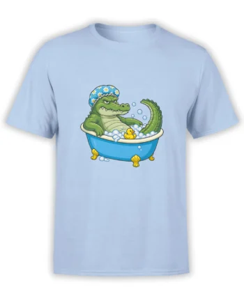 Light blue crocodile t-shirt with a grumpy gator in a bubble bath and a yellow rubber duck
