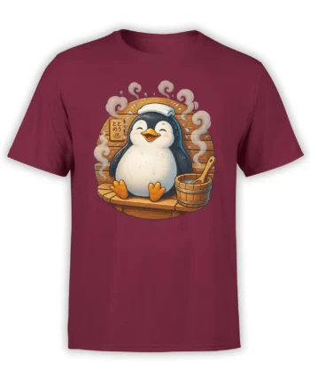 Cheerful penguin in a steamy wooden sauna with a towel, bucket, and ladle on a burgundy T-shirt