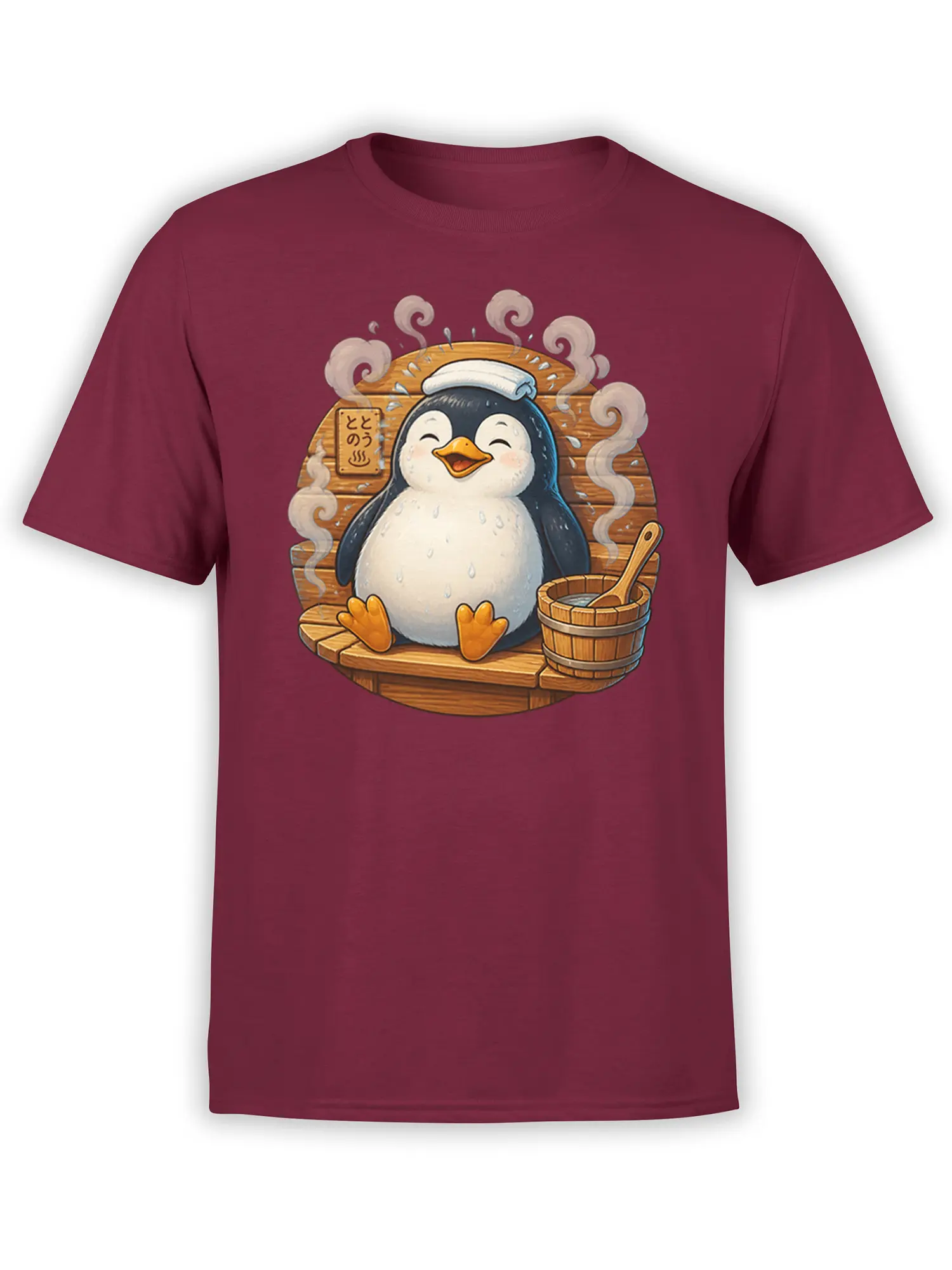 Cheerful penguin in a steamy wooden sauna with a towel, bucket, and ladle on a burgundy T-shirt