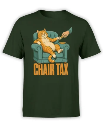 Orange cat lounging in a blue chair with CHAIR TAX text on a green cat T-shirt