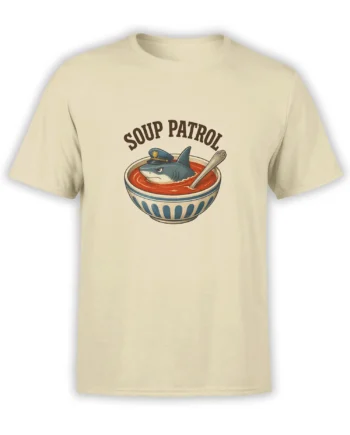 Beige T-shirt with a vintage shark wearing a police cap in a tomato soup bowl and Soup Patrol text