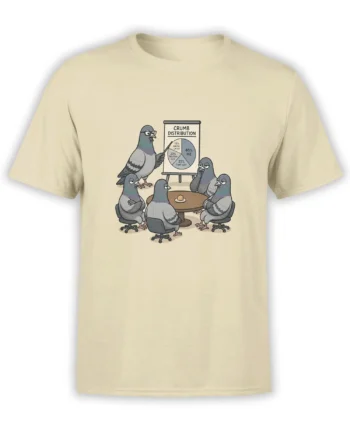 Beige pigeon office meeting T-shirt with four gray birds, a crumb pie chart, and vintage cartoon artwork
