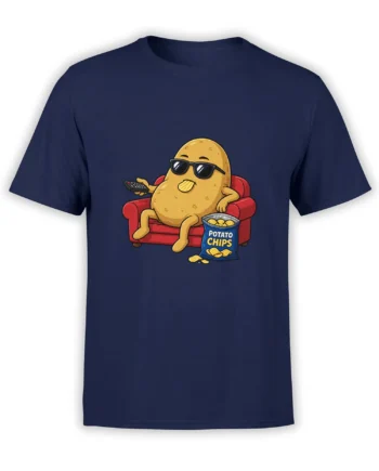 Funny navy T-shirt with a cartoon potato in sunglasses, holding a remote beside a bag of potato chips