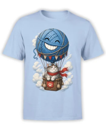 Light blue T-shirt with a smiling gray cat in goggles flying beneath a giant blue yarn-ball balloon